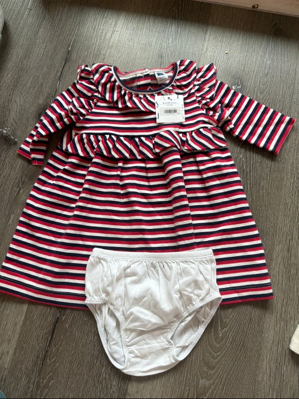 Janie and jack Striped Red, White & Navy Baby Dress with White Bloomers sz 6/12